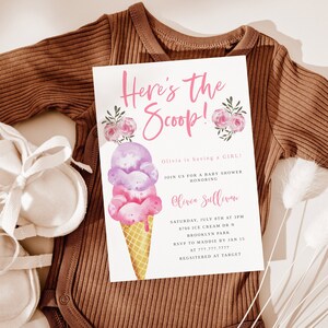 Ice Cream Girl Baby Shower Invitation | Here's The Scoop Invite | Summer | Instant Download | Editable Template Card I02