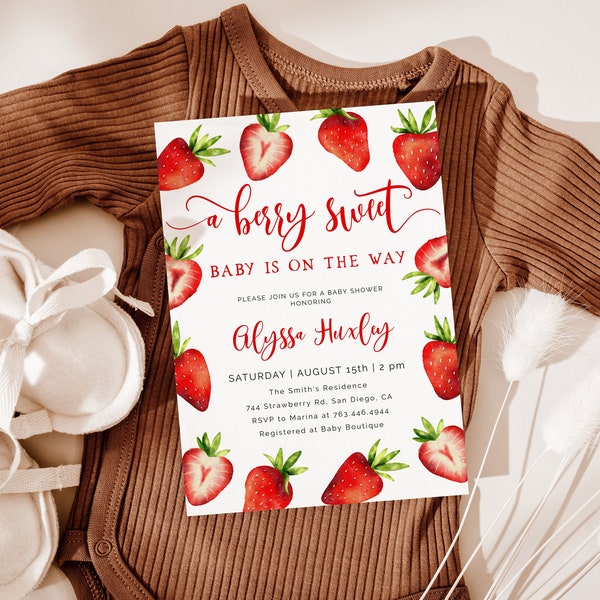 Strawberry Baby Shower Invitation | A Berry Sweet Baby Is On The Way Invite | Girl | Fruit | Editable Template | Instant Download S07