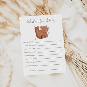Souhaits de douche d'ours rose à imprimer pour bébé | Modèle de carte à téléchargement immédiat sur le thème Woodland | Activité baby shower | Fille B13
