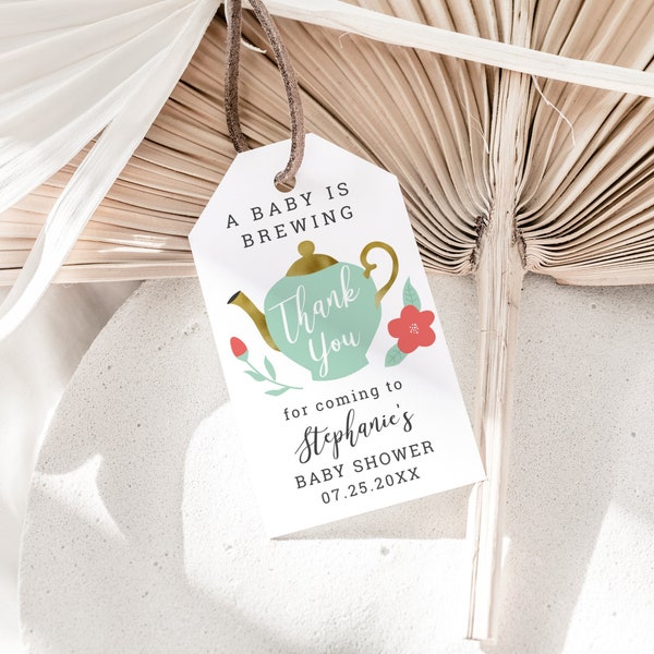 Tea Party Baby Shower Favor Tag | Tea Pot | Floral | Instant Download Pink Mint Gold | Instant Download | Editable Template | Party Tag TB01