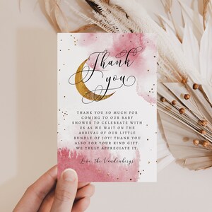 Afdrukbare roze gouden maan babyshower bedankkaartje | Bewerkbare sjabloon | Over de maan | Direct downloaden | 4 x 6 kaart O1