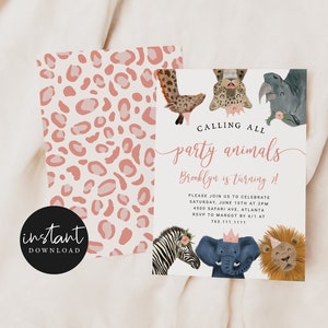 Party Animals Girl Birthday Invitation | Safari Animal Invite | Zoo Party | Editable Template | Instant Download S05