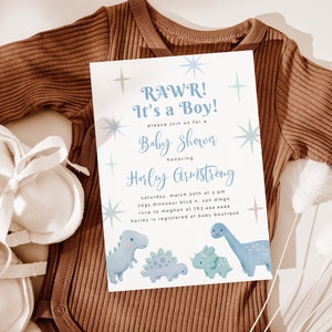 Dinosaurier-Babyparty-Einladung | Dinosaurier einladen | Junge-Babyparty | Sofortdownload | Bearbeitbare Vorlagenkarte | D07