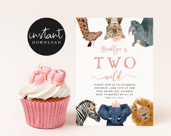 TWO WILD Birthday Invitation | 2nd Birthday Invite | Girl Birthday | Safari Party | Zoo Animals | Instant Download S05