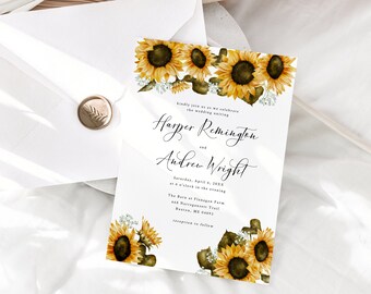 May include: A wedding invitation with a sunflower design. The invitation reads "Kindly join us as we celebrate the wedding uniting Harper Remington and Andrew Wright. Saturday, April 8, 2023 at 4 o'clock in the evening. The Barn at Flanagan Farm and Merrimac Trail, Remington, ME. Reception to follow."