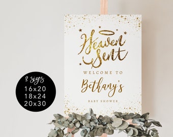 Panneau de bienvenue pour baby shower envoyé du ciel | Téléchargement instantané | Modèle modifiable | Non sexiste | Or | Fichier numérique 16X20, 18X24, 20X30
