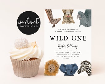 Wild One Boy Birthday Party Invitation | Safari Party | Zoo Animals | Editable Template | Printable Invite | Instant Download Template S03