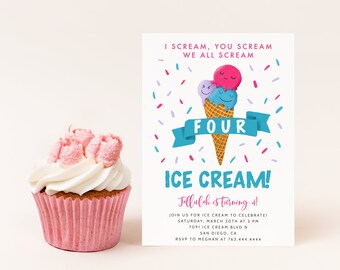 Printable Ice Cream 4th Birthday Party, Editable Scream FOUR Ice Cream Kid's Birthday Invite, Instant Download Template Invitation Card