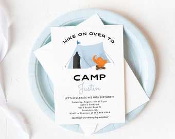 Camping Birthday Invitation | Boys Blue Tent Campfire Party Invite | Editable Template | Instant Download C07