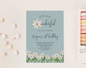 May include: A blue invitation with white daisies and the text "little miss nederful" and "Harper's 1st birthday". The invitation includes details for a birthday party, including the date, time, location, and RSVP information.