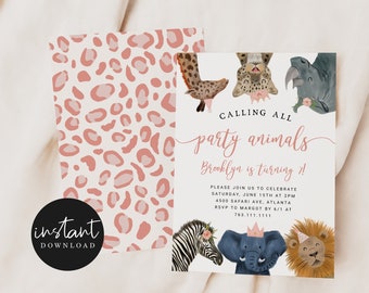 Party Animals Girl Birthday Invitation | Safari Animal Invite | Zoo Party | Editable Template | Instant Download S05