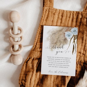 Tarjeta de agradecimiento para baby shower con diseño de hierba de la pampa boho / Plantilla editable / Tarjeta de 4 x 6 / Descarga instantánea / Rústica / Acuarela azul floral P7