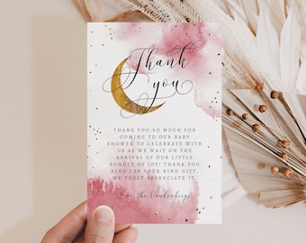 Utskrivbart tackkort för babyshower med rosa guldfärgad måne | Redigerbar mall | Over The Moon | Direkt nedladdning | 4x6-kort O1