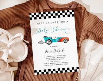 Rennauto-Babyparty-Einladung | Vintage Sportwagen einladen | Junge-Babyparty | Rennen auf über | Bearbeitbare Vorlage R04