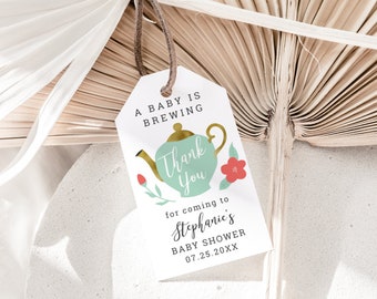 Tea Party Baby Shower Favor Tag | Tea Pot | Floral | Instant Download Pink Mint Gold | Instant Download | Editable Template | Party Tag TB01