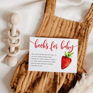 Boekverzoekkaart babyshower aardbei meisje | Zoet Bes| Direct downloaden | Boeken voor baby's | Bewerkbaar | Aquarelfruit S07