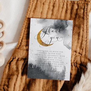 Afdrukbare grijsgouden maan babyshower bedankkaart | Bewerkbare sjabloon | Over de maan | Direct downloaden | 4 x 6 kaart O1