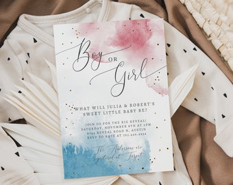 Gender Reveal Party Invitation | Pink or Blue Printable Invite | Boy or Girl | Watercolor | Instant Download | Editable Template W08