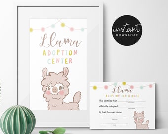 Llama Adoption Center Sign & Certificate | Llama Birthday Party | Adoption Party | Instant Download | Printable Party Decor L05
