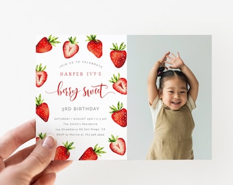 May include: A red and white birthday invitation with a watercolor strawberry design. The invitation reads "Join us to celebrate Harper Ivy's Berry Sweet 3rd Birthday".