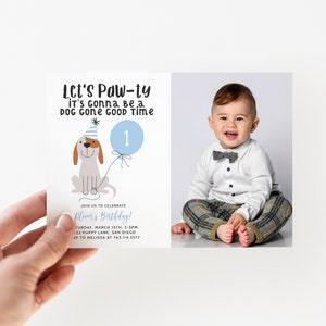 Invito per festa di compleanno di cuccioli stampabile, invito per festa di compleanno per bambini blu modificabile, modello di download immediato per biglietto d'invito D09