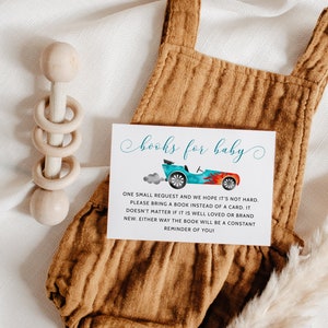 Blauwe raceauto babyshowerboekaanvraag | Direct downloaden | Babyshower jongens | Afdrukbaar | Oldtimers | Bewerkbare insteekkaart R04