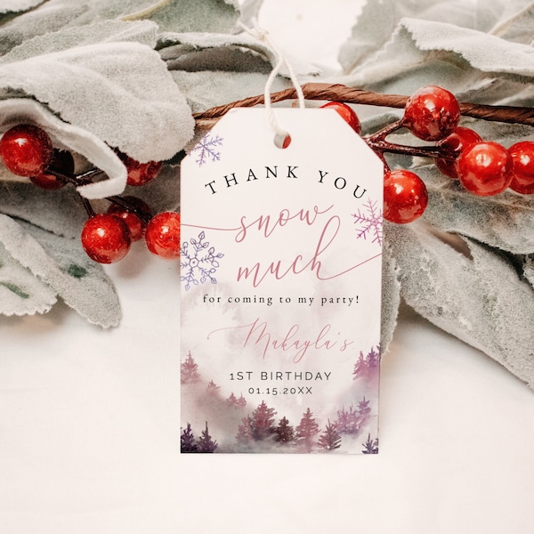 Pink Winter Wonderland Birthday Favor Tag | Girl Birthday Party Tag | Thank You Snow Much | Instant Download | Editable Template W06