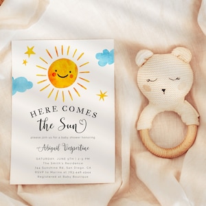 Here Comes The Sun Invitation | Sunshine Baby Shower Invite | Gender Neutral | Instant Download | Editable Template Card S09