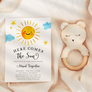 Invitación Aquí viene el sol / Invitación para baby shower con temática de sol / Género neutro / Descarga instantánea / Plantilla editable S09