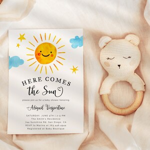 Here Comes The Sun Invitation | Sunshine Baby Shower Invite | Gender Neutral | Instant Download | Editable Template Card S09