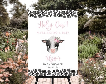 Cartello di benvenuto per baby shower a forma di mucca / Cartello per baby shower in fattoria / Baby shower per bambine / Estate / Poster modificabile / File digitale 16X20, 18X24, 20X30 C01