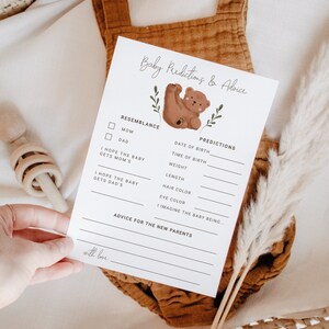 Prédictions et conseils pour bébé ourson | Jeu d'ours des bois | Téléchargement instantané | Modèle de carte | Activité baby shower garçon B13