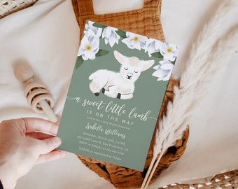 May include: A green baby shower invitation with a white lamb illustration and white flowers. The text reads "a sweet little lamb is on the way" and includes the name "Isabella Williams" and details for the shower.