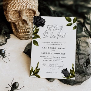 Halloween Gothic Wedding Invitation | Till Death Do Us Part Invite | Black Rose | Editable Template G02