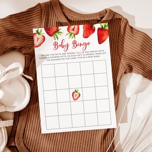 Jeu de bingo pour baby shower aux fraises | Baby shower fille | Jeu de Baby Shower | Imprimable | Modèle de carte S07