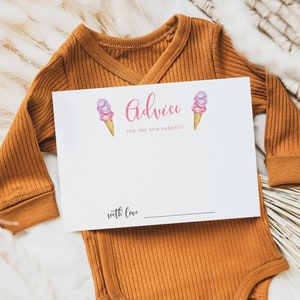 Cartão de conselho para chá de bebê de sorvete rosa | Para impressão | Verão | Chá de bebê de menina | Download instantâneo | Conselhos para novos pais I02
