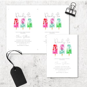 May include: A baby shower invitation with a watercolor illustration of popsicles and the text "Ready to Pop". The invitation is for Olura Sullivan and includes the date, time, and location of the shower. RSVP information and registry details are also included.