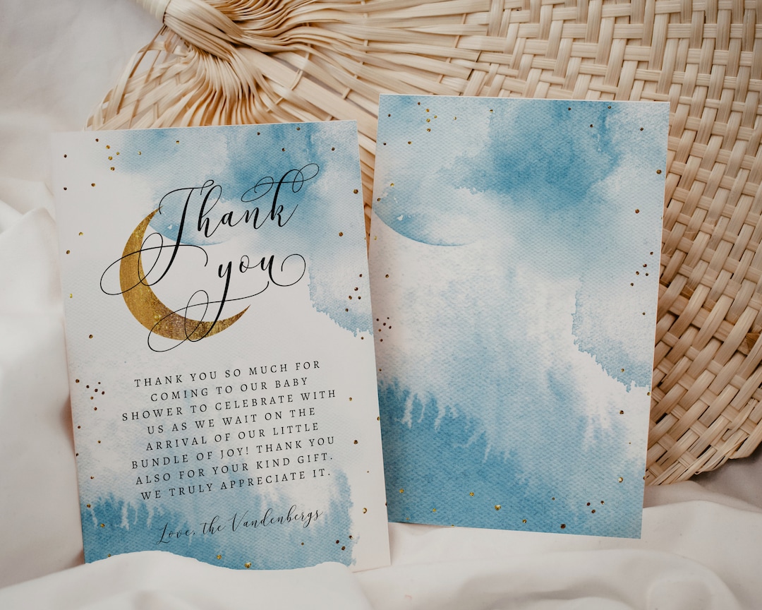 Blue Gold Moon Baby Shower Thank You Card | Editable Template | Over ...