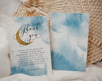 Tackkort för babyshower med blått och guldfärgad måne | Redigerbar mall | Over The Moon | Direkt nedladdning | 4x6-kort O1