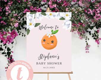 May include: A pink and white welcome sign with a cartoon orange and the text "Welcome to Stephanie's Baby Shower 04.25.20XX".