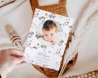 Girl Birth Announcement Card | Wildflower | Spring Baby | Editable Template | Instant Download | Templett