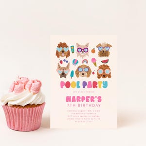 Convite colorido para festa de verão com cachorrinhos fofos de óculos escuros | Convite para festa na piscina D11