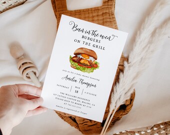 Bun In The Oven Baby Shower Invitation | BBQ Invite | Bun and Burger | Gender Neutral | Editable Template | Instant Download