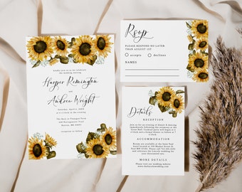 May include: Wedding invitation suite featuring watercolor sunflowers. The invitation, RSVP card, and details card have a white background with elegant script and floral accents. The invitation includes the names Harper Remington and Andrew Wright.