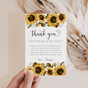 Cartão de agradecimento de girassol | Festa de aniversário floral | Aniversário de verão | Cartão 4x6 | Modelo editável | Download instantâneo S16