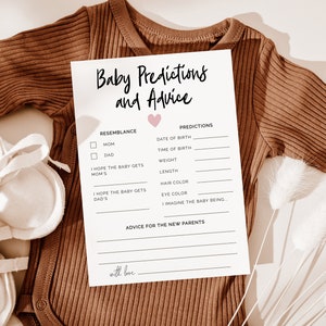 Carte de pronostics et conseils pour bébé coeur rose moderne à téléchargement immédiat | Imprimable | Simple | Minimaliste | Activité baby shower fille M01