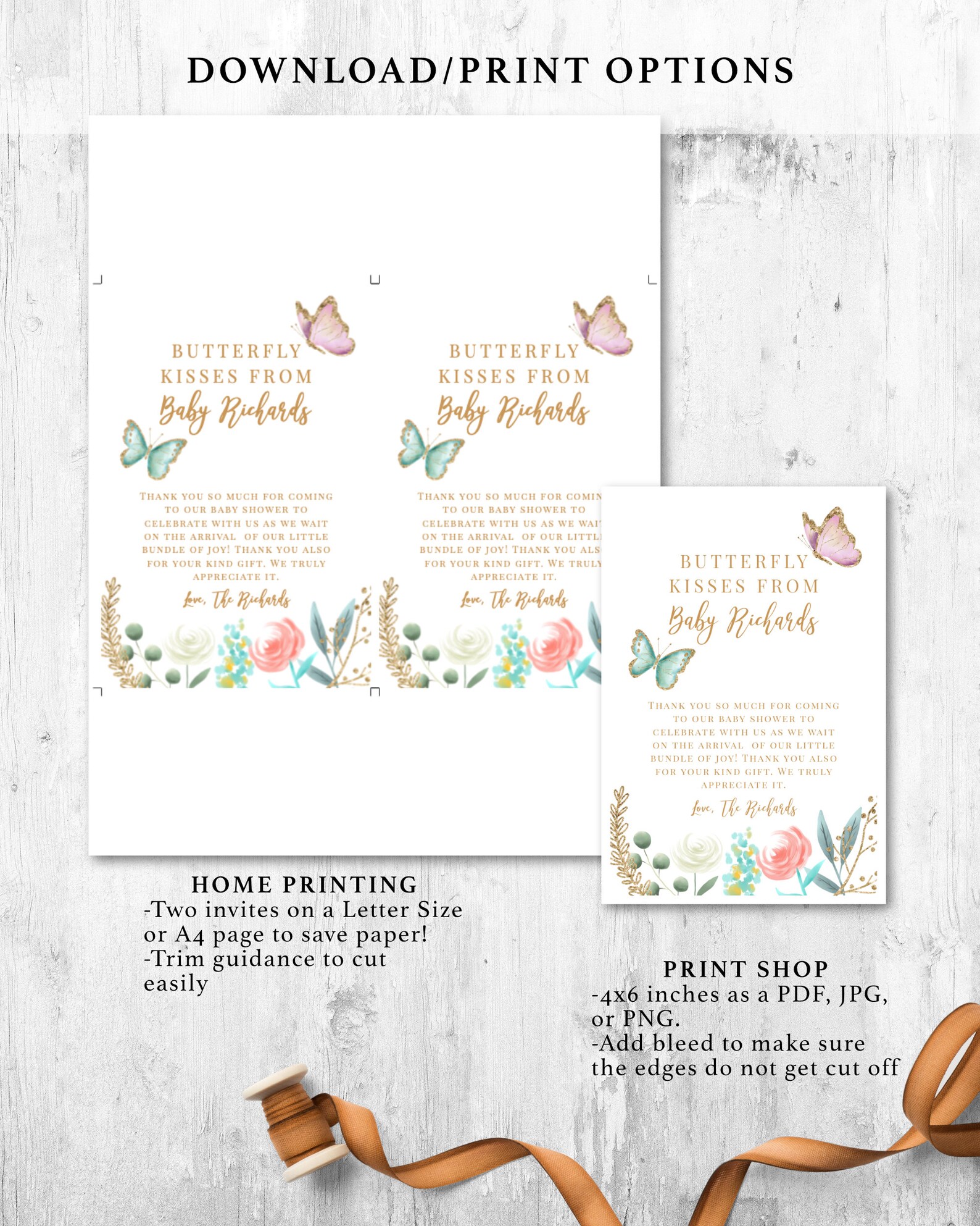 Butterfly Baby Shower Thank You Card Butterfly Kisses 4x6 Etsy