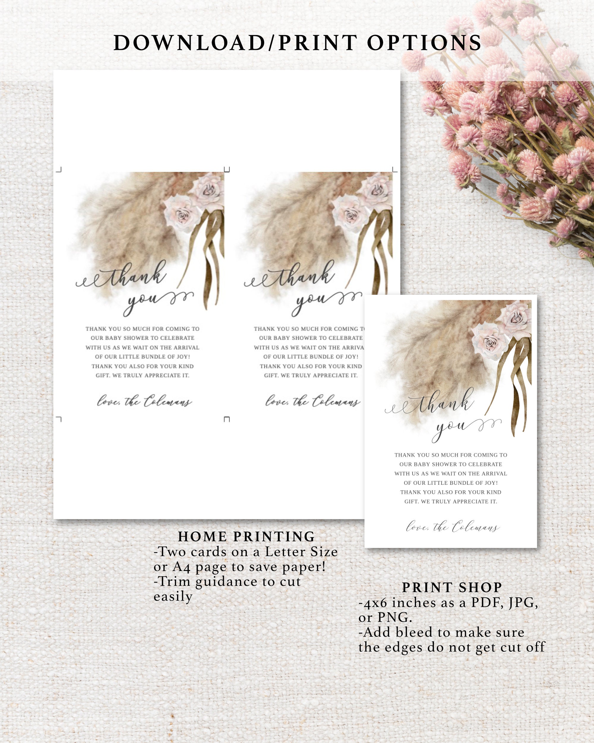 Boho Pampas Grass Baby Shower Thank You Card | Editable Template | 4x6 ...