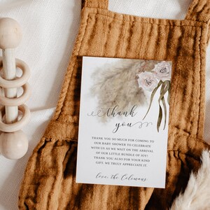 Tarjeta de agradecimiento para baby shower con diseño de hierba de la pampa boho / Plantilla editable / Tarjeta de 4 x 6 / Descarga instantánea / Rústica / Acuarela rosa floral P7