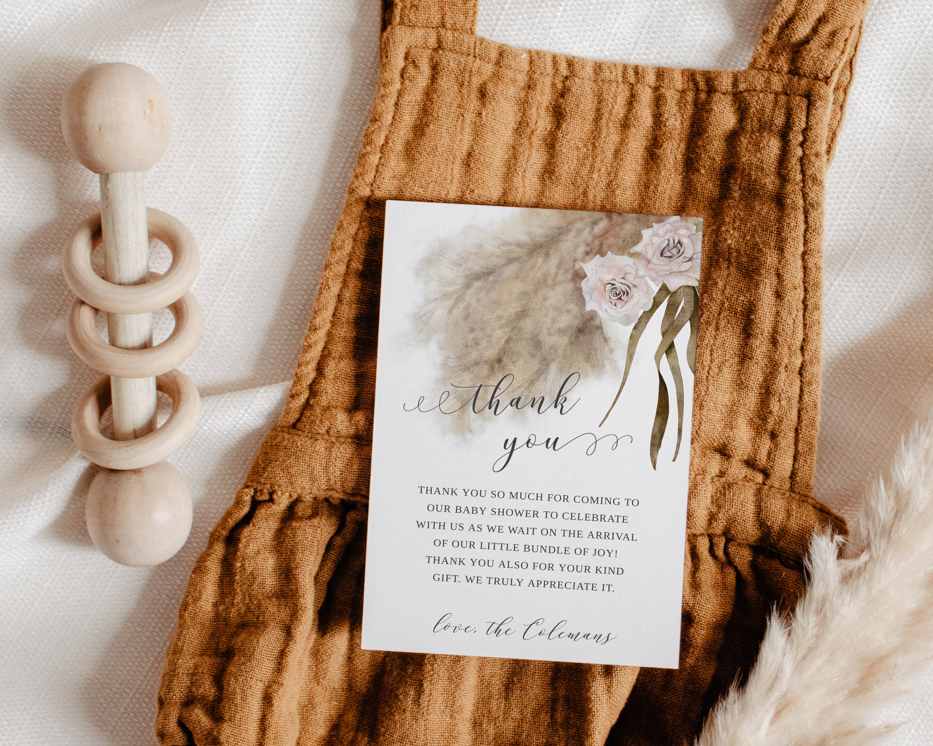 Boho Pampas Grass Baby Shower Thank You Card | Editable Template | 4x6 ...
